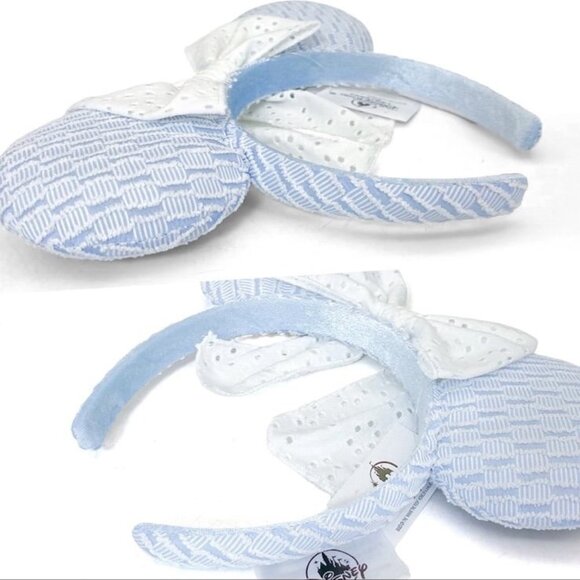 Disney Parks Blue Minnie Mouse Ears Headband White Lace Bow - Picture 3 of 3